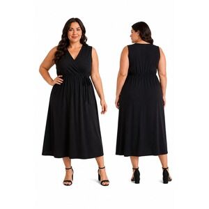 Lane Bryant Black Faux Wrap Midi Dress Sleeveless 26/28 Minimalist Chic